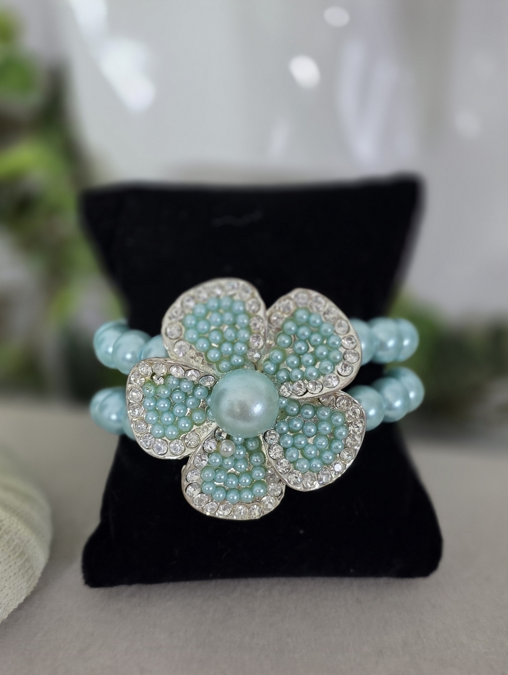 Statement Double Aquamarine Glass Pearls Stretch Bracelet with Center Flower